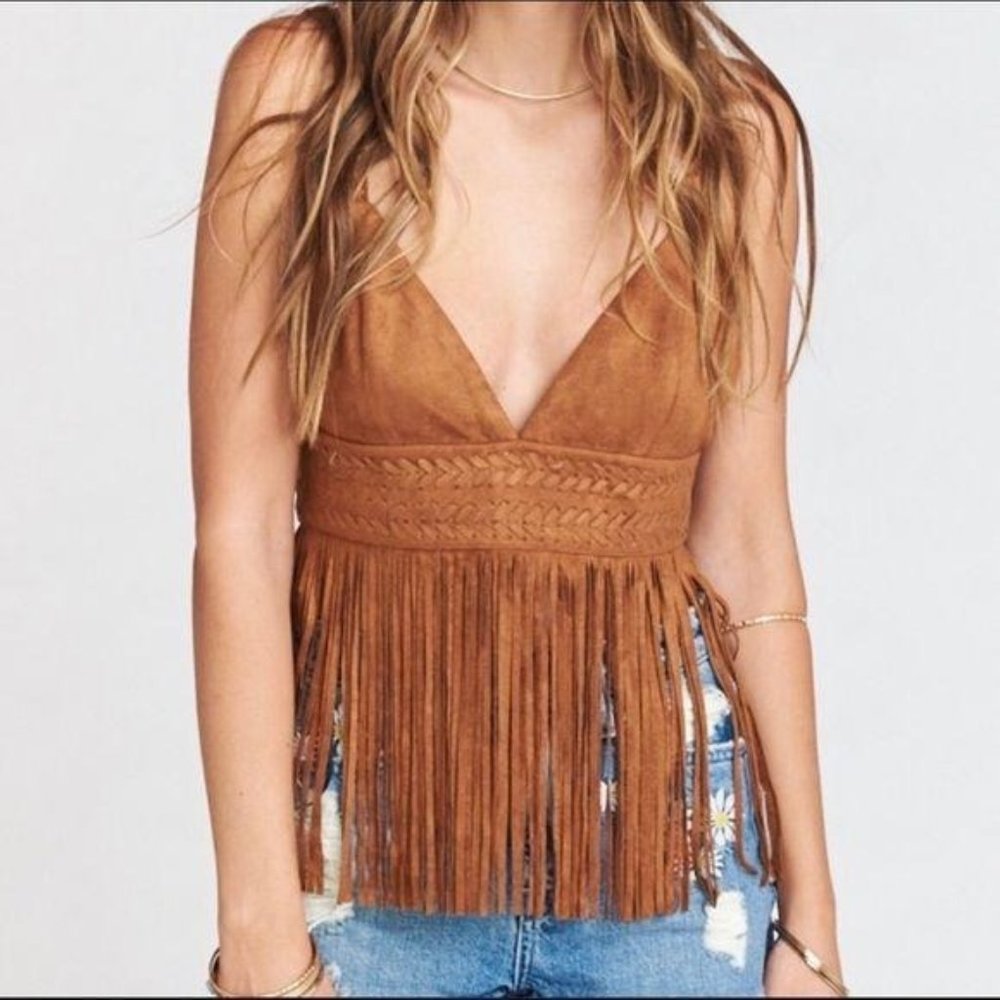 Show Me Your MuMu Suede Calico Fringe Crop Top